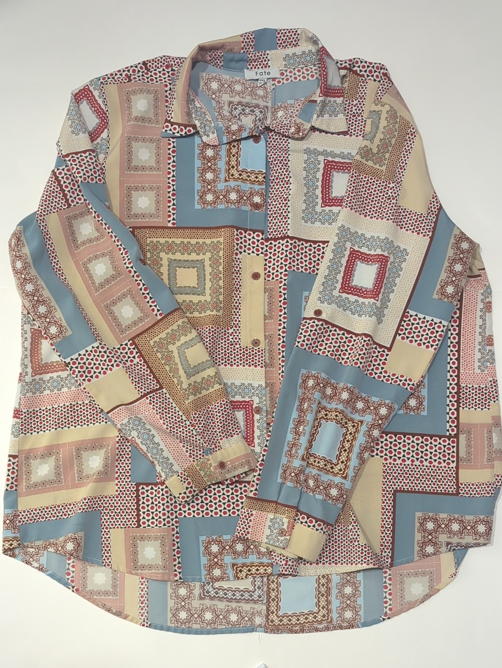 Fate Multi-Color Geometric Patchwork Print Button Down Shirt - 2XL